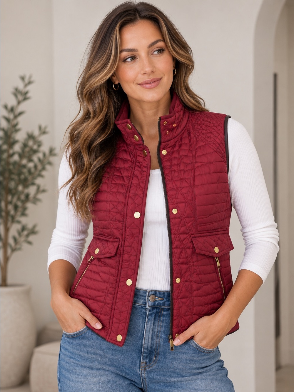 Weatherproof Quilted Sleeveless Vest in Deep Red with Gold Hardware